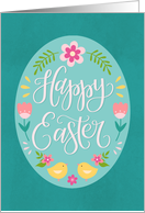 Hand Lettered Happy Easter in Easter Egg with Flowers and Chicks card