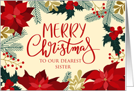 OUR Sister Merry Christmas with Holly, Poinsettia & Faux Gold Leaves card