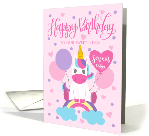 7th Birthday OUR Niece Unicorn Sitting On Rainbow with Balloons card