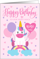9th Birthday OUR Niece Unicorn Sitting On Rainbow with Balloons card