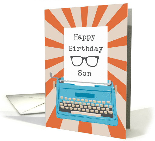 Happy Birthday Son with Typewriter Glasses Silhouette & Sunburst card