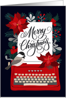 Merry Christmas with Typewriter Bird Holly Berries and Poinsettias card