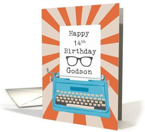 Godson Happy 14th Birthday Typewriter Glasses Silhouette Sunburst card