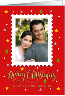 My Brother Custom Photo Postage Stamp with Faux Gold Merry Christmas card