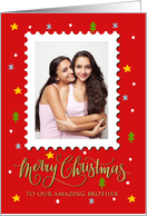 OUR Brother Custom Photo Postage Stamp with Faux Gold Merry Christmas card