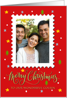 OUR Cousin Custom Photo Postage Stamp with Faux Gold Merry Christmas card