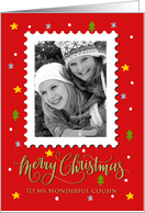 My Cousin Custom Photo Postage Stamp with Faux Gold Merry Christmas card