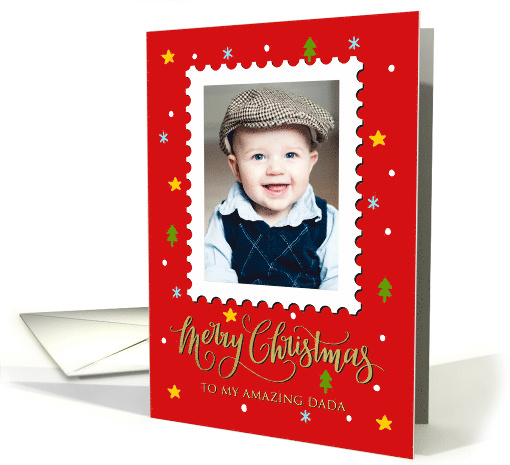 My Dada Custom Photo Postage Stamp with Faux Gold Merry Christmas card