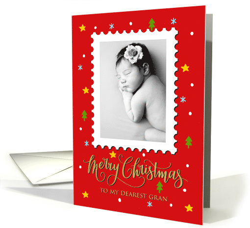 My Gran Custom Photo Postage Stamp Faux Gold Merry Christmas card