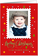 My Bubbie Custom Photo Postage Stamp with Faux Gold Merry Christmas card