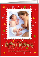 OUR Bubbie Custom Photo Postage Stamp with Faux Gold Merry Christmas card