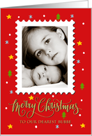 OUR Bubbe Custom Photo Postage Stamp with Faux Gold Merry Christmas card