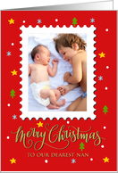 OUR Nan Custom Photo Postage Stamp with Faux Gold Merry Christmas card