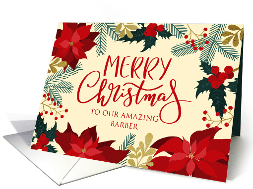 OUR Barber Merry Christmas with Poinsettia Holly and Berries card