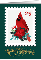 Merry Christmas with Cardinal Poinsettia and Rose Hip Postage Stamp card