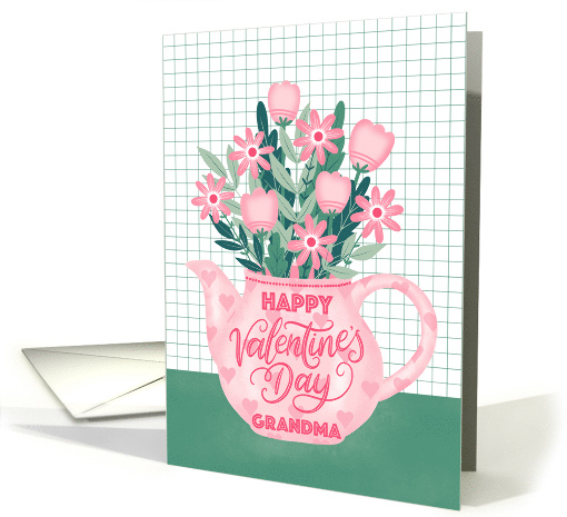 Happy Valentines Day Grandma with Pink Hearts Teapot of Flowers card