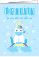 Congratulations on Rainbow Baby Boy with Unicorn sitting on Rainbow card