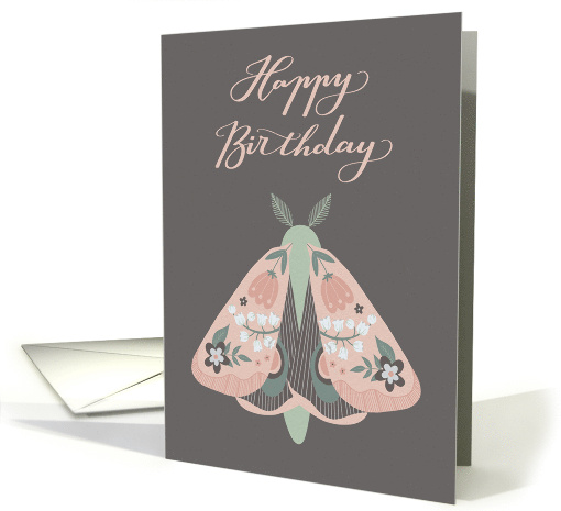 Happy Birthday Beautiful Moth with Flowers on Wings Whimsical card