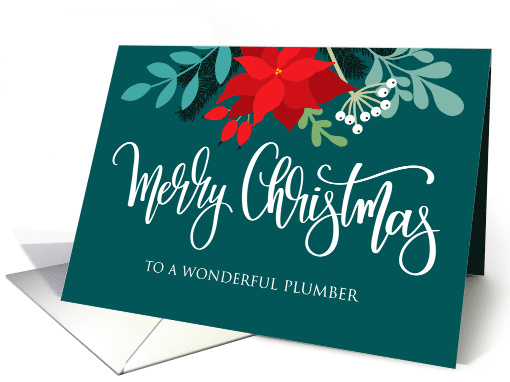 Plumber Merry Christmas Poinsettia RoseHip and Hand Lettering card