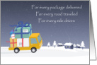 Merry Christmas Package Delivery Driver With Holiday Gifts card