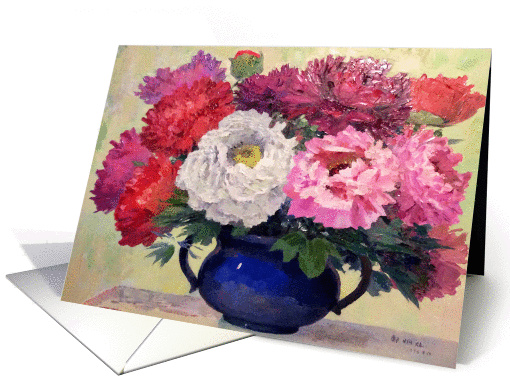 Peony Flowers in a Blue Vase for Wedding Anniversary card (1459874)