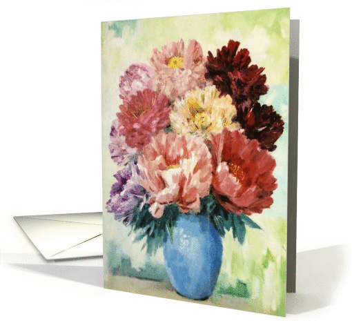 Peony Flowers in a Light Blue Vase for Wedding Anniversary card