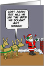 Funny Cartoon About Santa Who Appears to be Lost. card