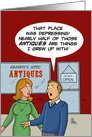 Cartoon Man to Woman About Antique Shop They Visited. card