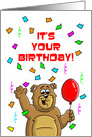 Birthday Card with Cartoon Bear, Balloon, and Confetti for Getting Older card