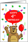 Four Year Old Birthday Card with a Bear, a Balloon and Confetti. card