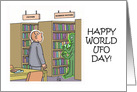 World UFO Day card with Cartoon of Alien in Library card