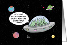 World UFO Day Card with a Cartoon of Aliens in a Spacehip card