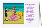 Blank Note Card with a Cartoon of Venus Rising From the Sea card
