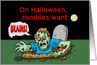 Halloween Card With Zombie Coming Out Of Grave Saying Brains! card