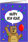 New Year’s Card With A Cartoon Bear, Confetti and Streamers card
