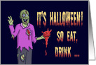 Halloween Card With Zombie Holding A Bloody Heart Eat, Drink, card