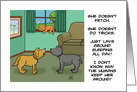 Hug Your Cat Day Card With Cartoon Of Two Dogs Discussing A Cat card