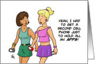 Blank Note Card With Cartoon Of Young Woman With Two Phones card
