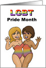 LGBT Pride Month With Cartoon Lesbians In Rainbow Swimsuits card