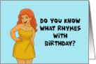 Birthday Card Cartoon Woman Asks What Rhymes With Birthday Vodka card