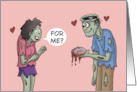 Humorous Halloween With Cartoon Zombie Giving Brain To Zombie Girl card