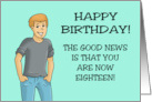 18th Birthday With Cartoon Teen Boy The Good News Is You’re 18 card