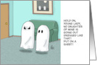 Humorous Blank Card With Cartoon Ghost Parents Telling Daughter card