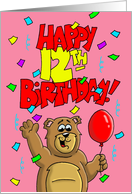 Happy12th Birthday With Confetti and a Cartoon Bear With a Balloon card