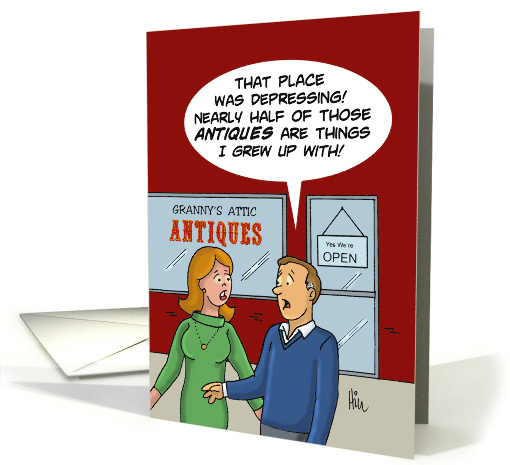 Cartoon Man to Woman About Antique Shop They Visited. card (1472354)