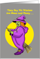 Halloween Card Showing a Cartoon Witch on a Broomstick card