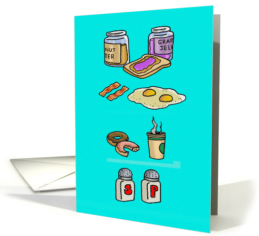 Love and Romance Cartoon of Bacon and Eggs, Salt and Pepper, etc. card
