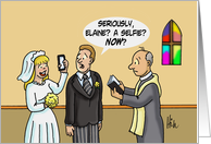 Cartoon Wedding . The Bride Is Taking a Selfie to the Groom’s Dismay card
