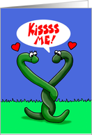 Two Entwined Cartoon Snakes Forming a Heart Saying Kissss Me card
