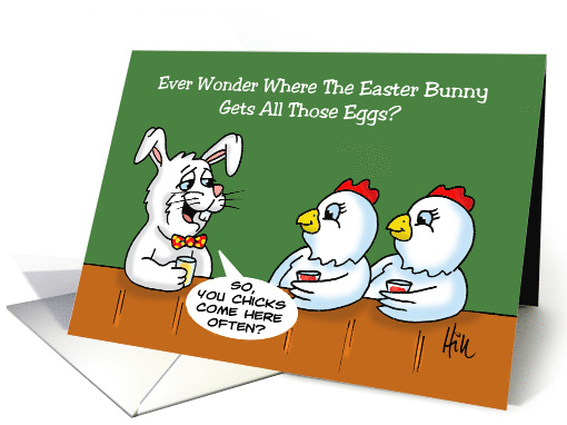 Cartoon With the Easter Bunny in a Bar with Two Chickens card